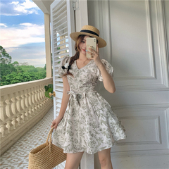 Real price real shot dark fragrance light shadow French retro niche Print Dress Holiday skirt A-type high waist