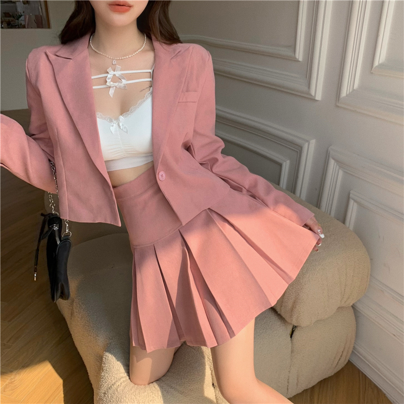 Real price real shot pink temperament fashion suit women's new thin foreign style suit coat two piece pleated skirt