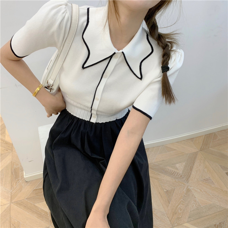 Real price real shot Korean color contrast personality collar knitted cardigan simple short top + solid color versatile medium and long skirt