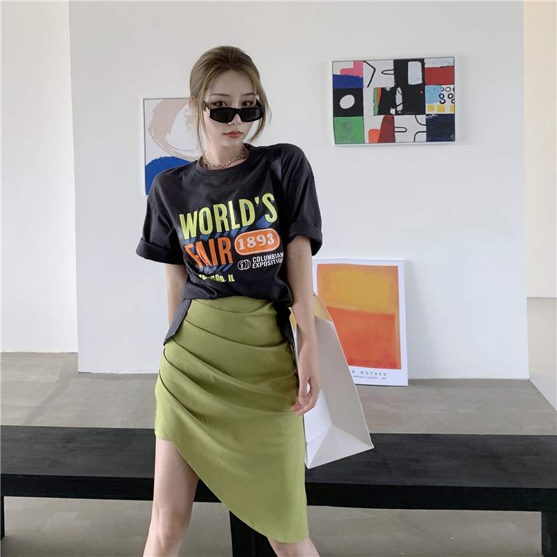 Real price real shot Korean design medium length short sleeve T-shirt + high waist slim irregular skirt suit