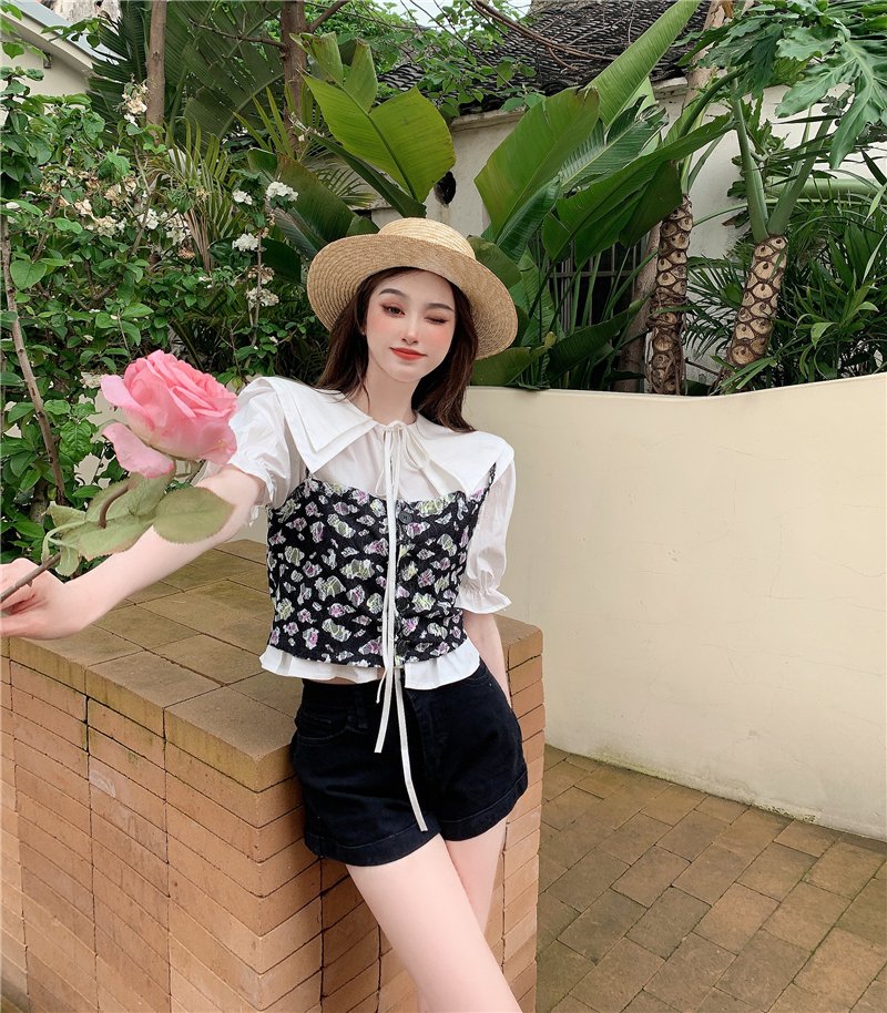 Real price real auction baby collar lace up small cardigan short does not participate in summer shirt floral suspender vest suit