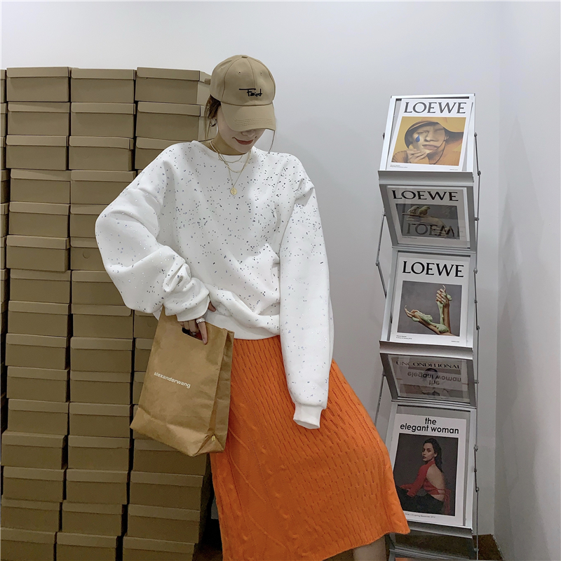 Real price new reflective round neck Pullover lazy wind loose versatile ins Fashion Top Plush sweater