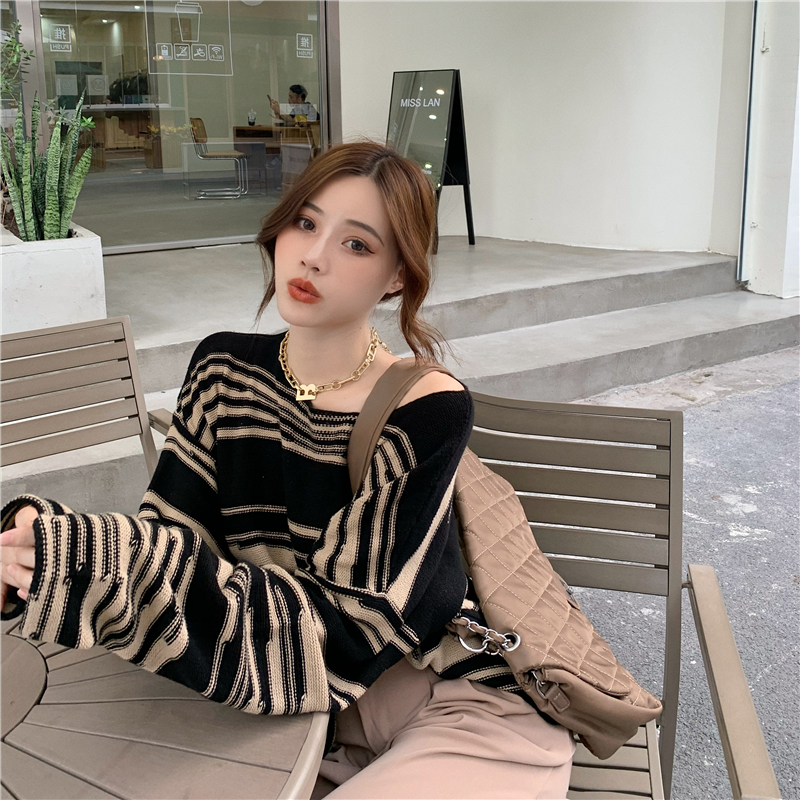 Korean languid Pullover sweaters with loose stripes and thin outerwear knitwear