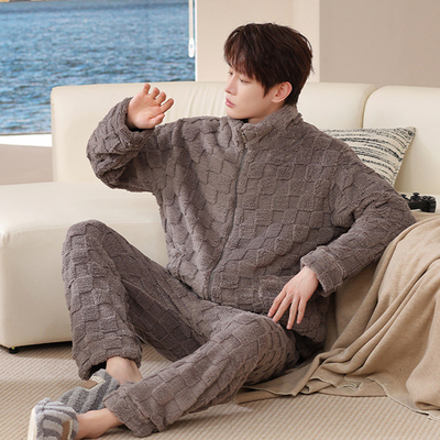 法兰绒睡衣男士2025新款秋冬季加绒加厚保暖大码可外穿加绒家居服