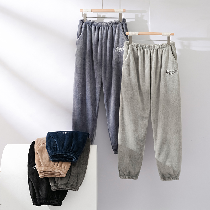 秋冬季束脚睡裤男加绒加厚家居裤法兰绒裤男款长裤珊瑚绒男士裤子