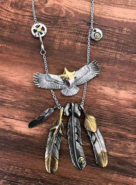 手工高桥羽毛老鹰项链黄白铜搭配