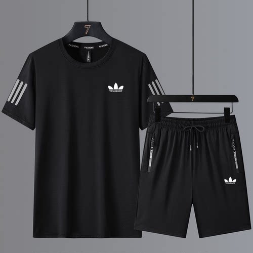 运动三叶草套装男透气健身两件套