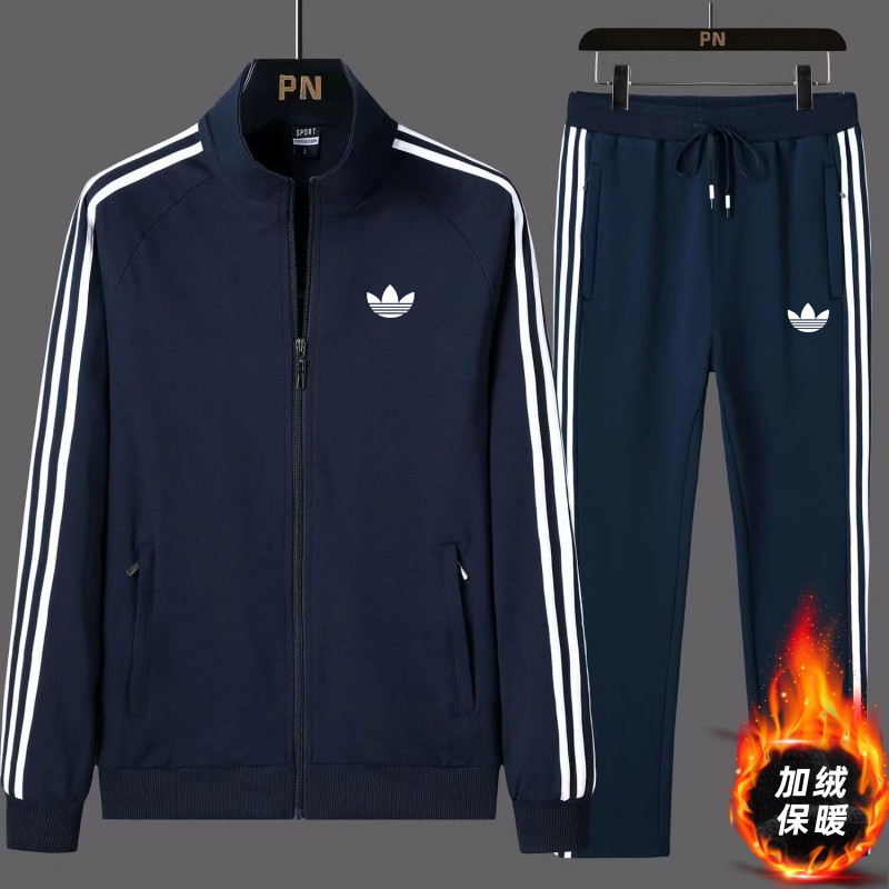 秋冬款运动三叶草套装男士纯棉开衫卫衣立领休闲加绒跑步服两件套
