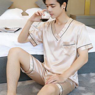睡衣男夏季短袖薄款仿真丝男士韩版夏天冰丝休闲丝绸套装家居服