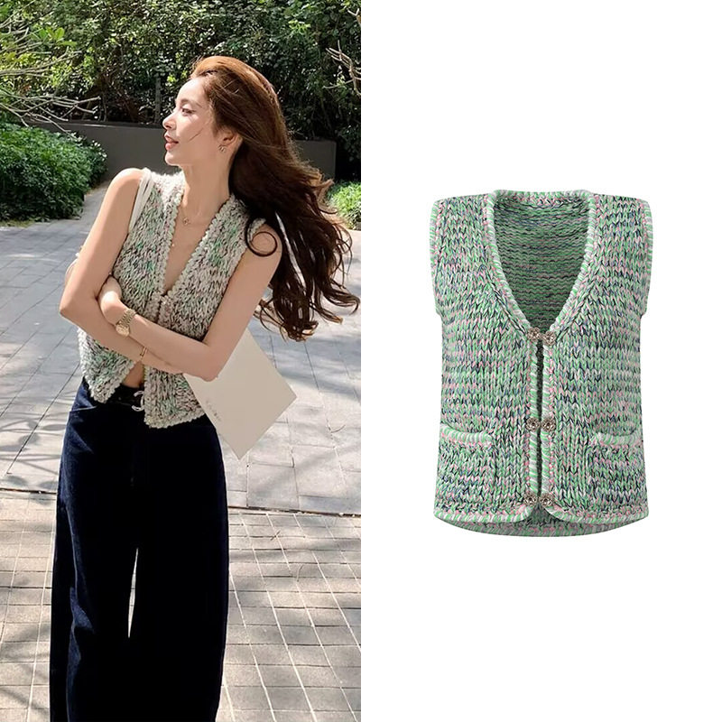 2026秋季新款法式小香风重工花朵扣彩纱修身短款针织背心开衫上衣