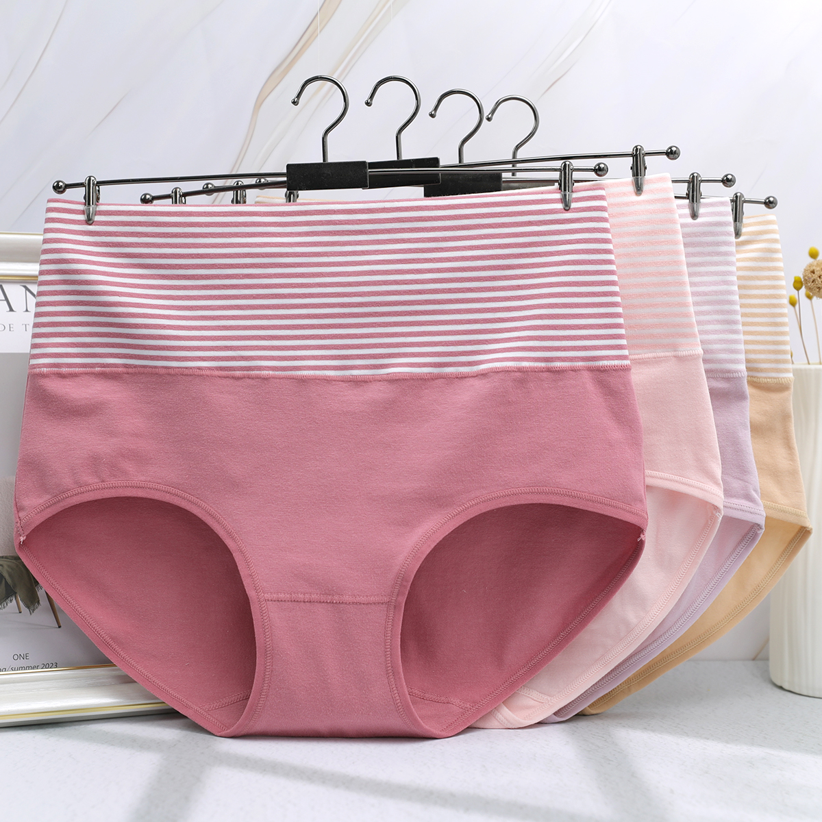110-135斤女士纯棉高腰条纹收腹内裤柔软舒适裤头棉质三角裤
