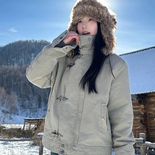 秋冬加厚解构设计飞机扣工装外套女冬季加厚vintage短宽翻领夹克