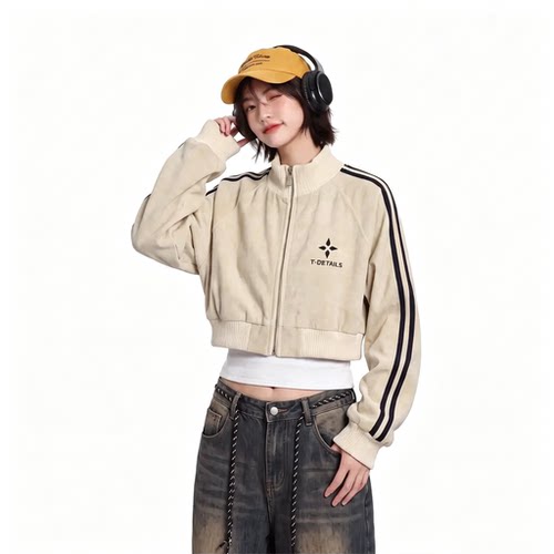 美式三条杠荔枝纹PU皮衣外套女秋短款立领撞色棒球服学院风夹克