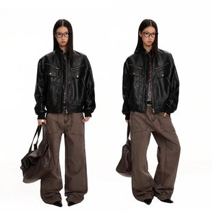 美式 复古高级肌理设计感PU皮衣夹克男boxy多口袋廓形机车服外套潮