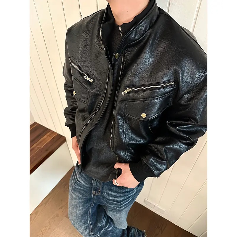 美式复古荔枝纹PU皮衣夹克