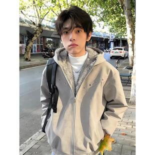 座山雕毛领美式复古pu皮夹克男连帽铆钉加毛加厚防风保暖秋冬外套