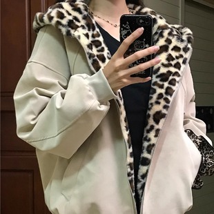 美式豹纹连帽pu皮座山雕棉服男女冬季保暖双面穿短款夹克棉衣外套