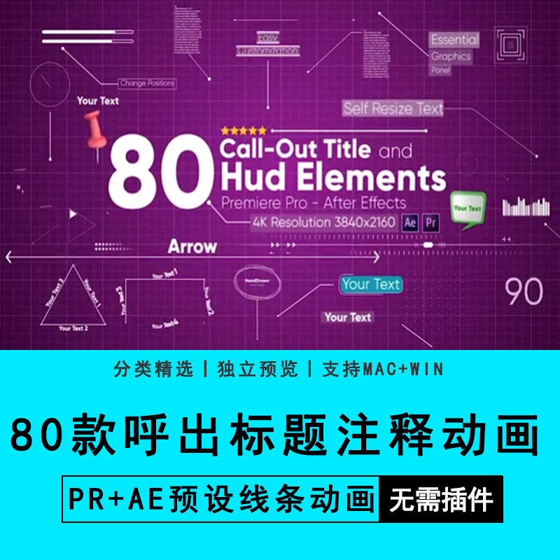 AE字幕模板+PR预设科技感呼出解释指示线条线条呼出标题注释动画