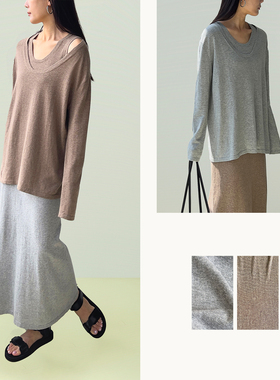 Plain Sight 燕麦色、浅灰色棉麻圆领宽松针织套头衫