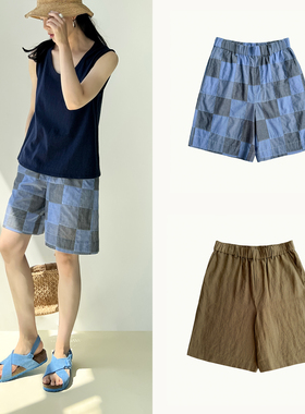 Plain Sight 蓝色拼布全棉、褐绿亚麻松紧腰休闲短裤