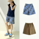Plain Sight 蓝色拼布全棉 新春｜9折 褐绿亚麻松紧腰休闲短裤