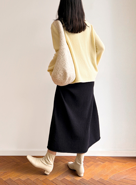 (2色) Plain Sight 鹅黄、黑色羊驼毛混纺卷边半裙