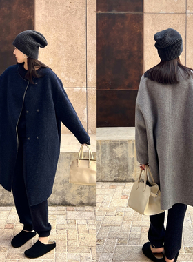Plain Sight 中灰/藏蓝双色双面呢两穿圆领茧型大衣