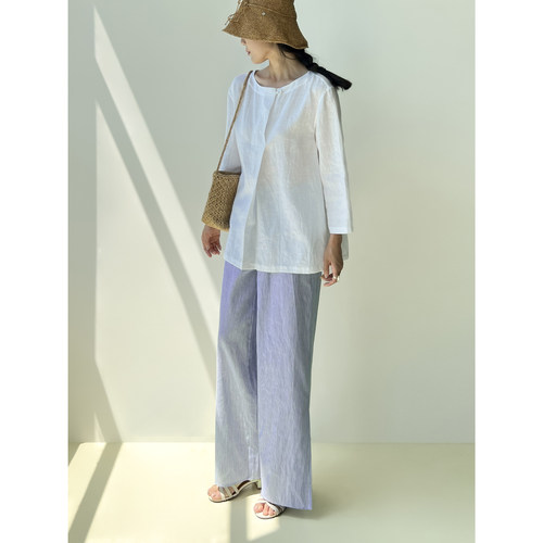 亚麻圆领八分袖宽松上衣