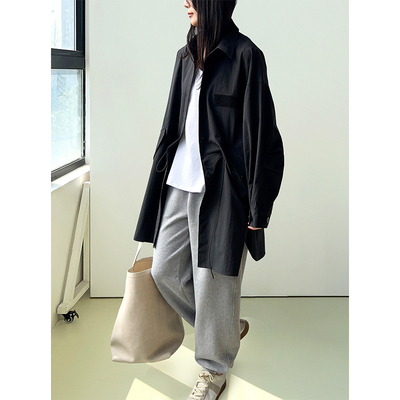 Plain Sight 黑色抽绳中长款廓形风衣工装外套