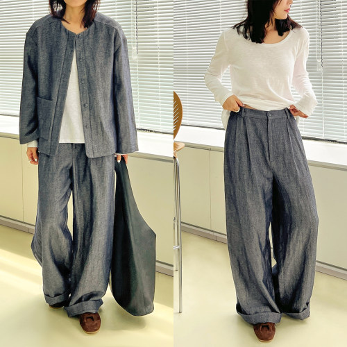 Plain Sight 日本色织毛麻复古牛仔色后松紧腰宽腿裤