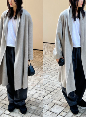 (2色)Plain Sight 纯羊绒双面呢青果领长款束腰大衣