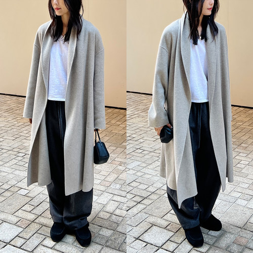 (2色)Plain Sight 纯羊绒双面呢青果领长款束腰大衣