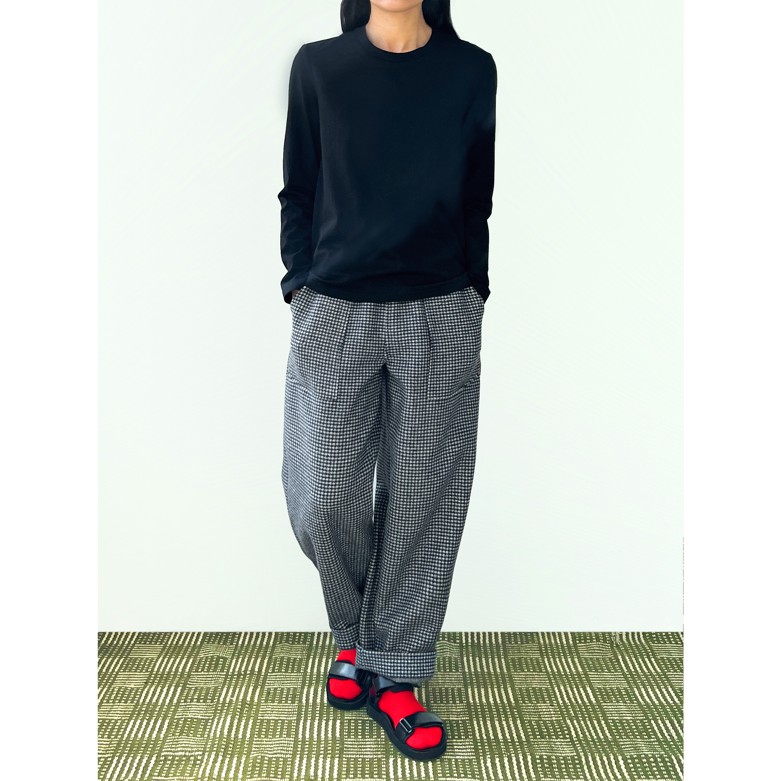 Plain Sight 千鸟格纹全羊毛松紧腰宽腿茧型萝卜裤