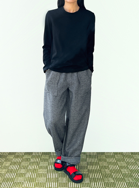Plain Sight 千鸟格纹全羊毛松紧腰宽腿茧型萝卜裤