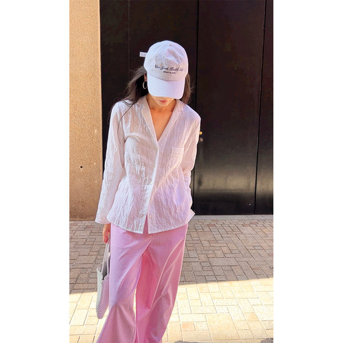 Plain Sight  粉白条纹全棉松紧腰侧开衩长裤