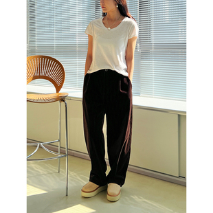 Plain 棕红 黑色条纹平绒廓褶宽腿裤 Sight