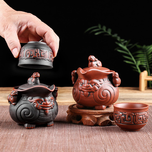 招財貔貅手抓壺紫砂壺四腳旺財復古單壺一人品茶壺吉祥寓意160ml