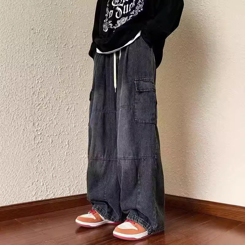 潮牌嘻哈水洗牛仔裤男生春秋季新款美式ina复古宽松阔腿工装长裤