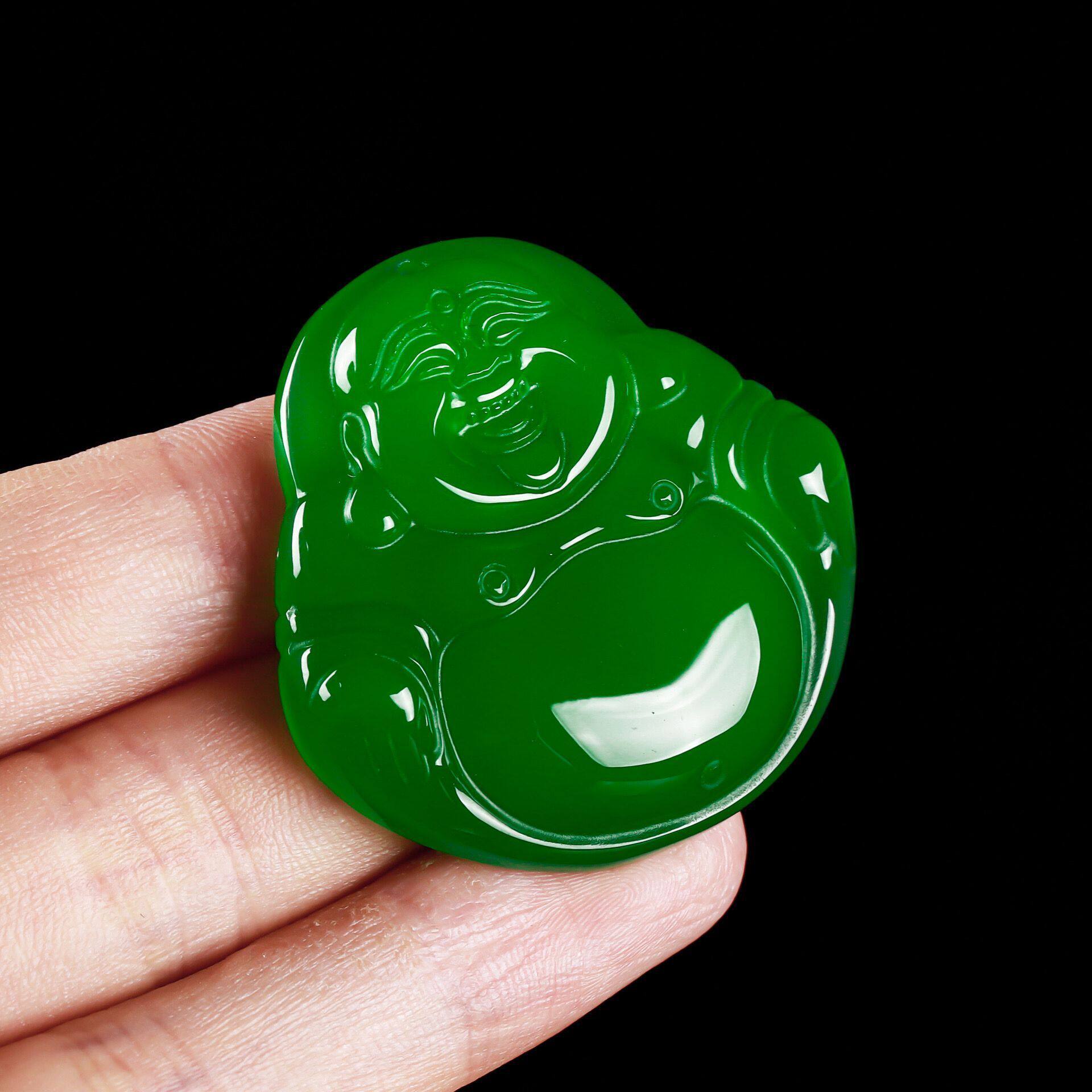 本命年 高冰帝王绿玉髓佛公吊坠 玛瑙弥勒佛玉石毛衣链挂件礼物