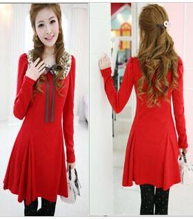秋装新品 韩版耸肩  复古 红色连衣裙（配豹纹领子）0580xiangzi