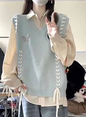 两件套装】学院风V领蝴蝶绑带针织马甲毛衣背心女学生+杏色衬衫