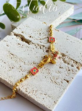 送女友礼物新中式圆珠手链沙金