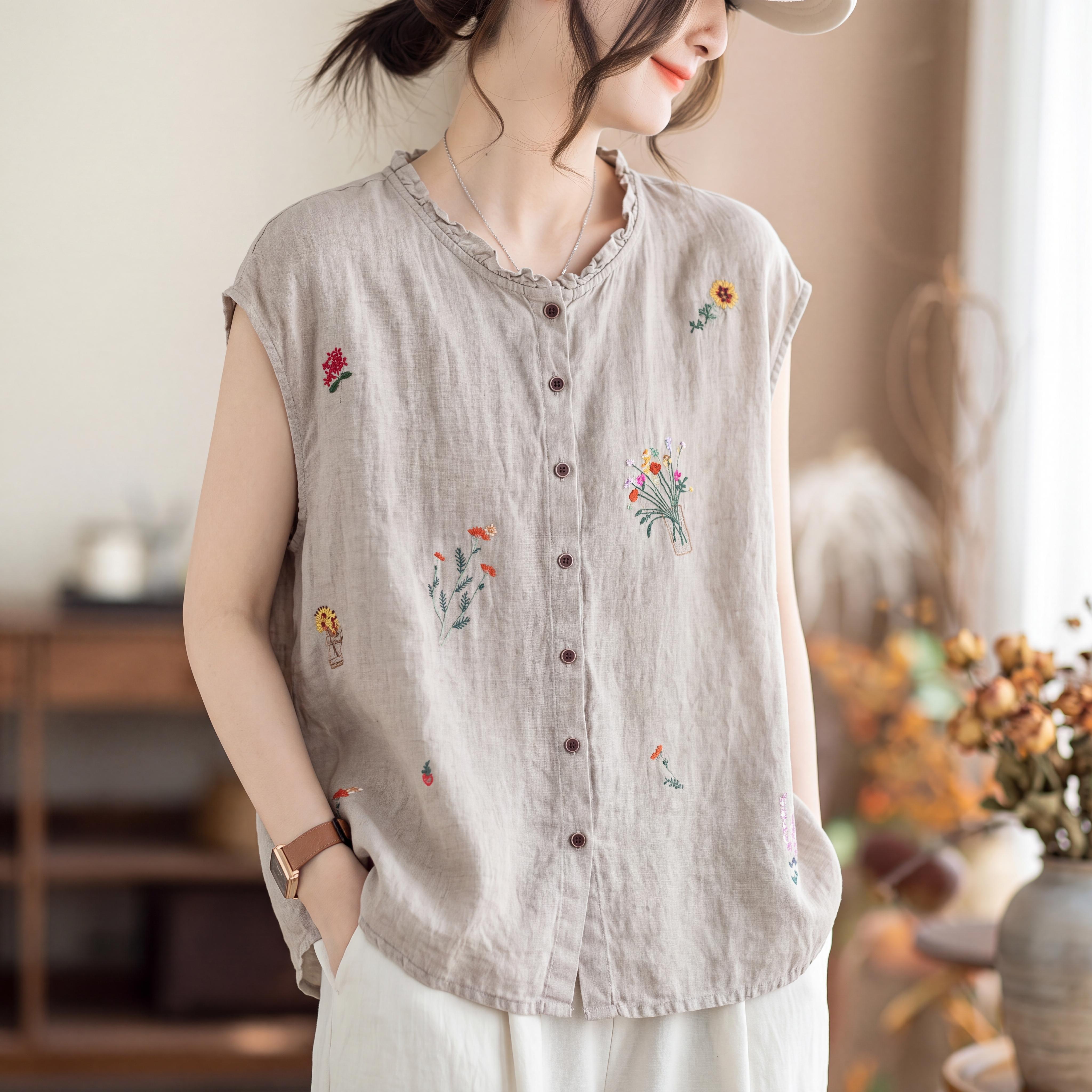 棉麻小碎花刺绣木耳边无袖衬衫女夏新款大码高端气质减龄开衫上衣