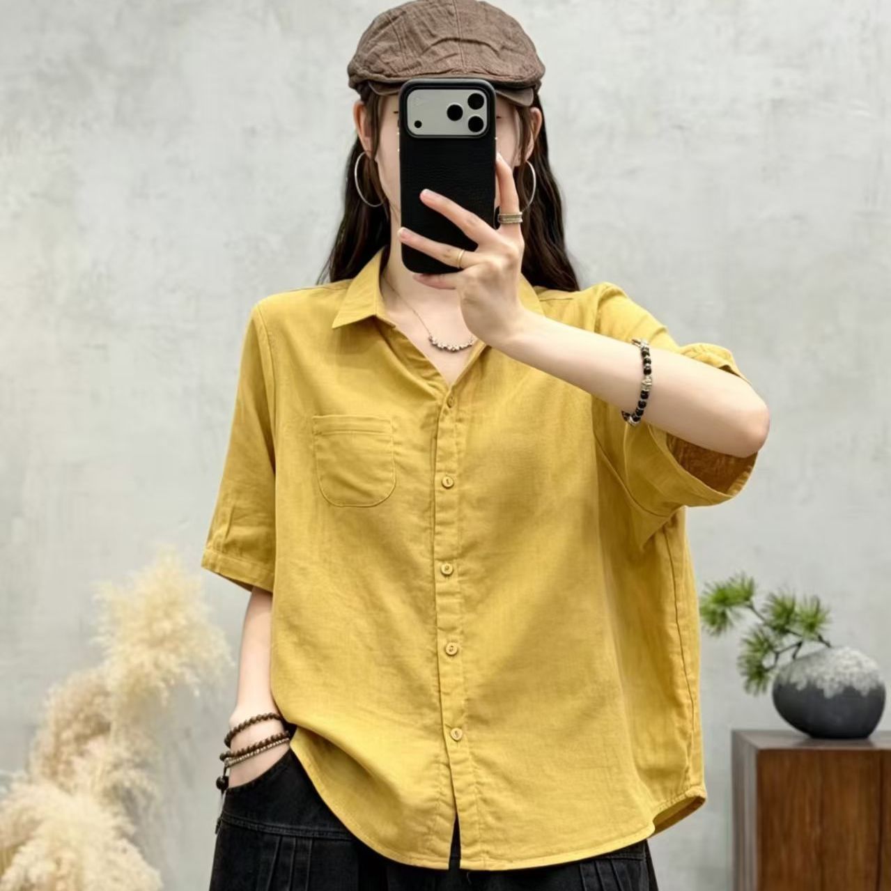 棉麻复古文艺黄色短袖衬衫女宽松翻领小衫显瘦百搭休闲通勤上衣女