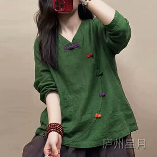 棉麻新中式复古斜襟盘扣长袖衬衫女士春秋季新款宽松显瘦小衫上衣