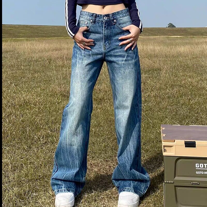 K05P55复古蓝高腰牛仔裤女秋冬季2024年新款直筒拖地阔腿窄版裤，女装牛仔裤，星座218-1（原230）