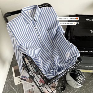 条纹棉麻衬衫男秋季2023潮流宽松中性风长袖休闲衬衣外套7056p30图片