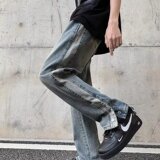 K8528P55美式高街vibe复古水洗潮牌男生休闲裤脚排扣开叉长裤子，男装牛仔裤，星座218-1（原230）