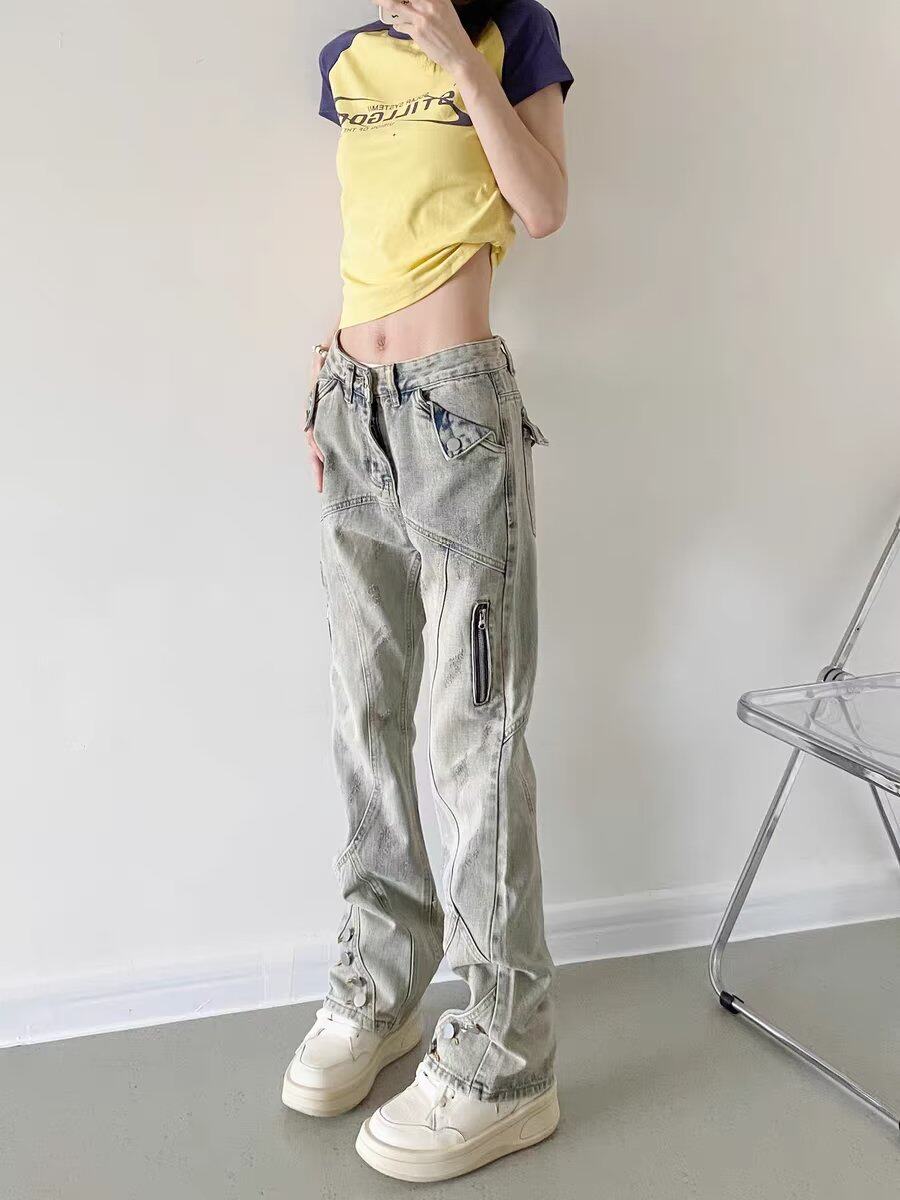 黄泥工装牛仔裤男小众设计感古着vintage裤子高街美式直筒微喇裤,男装牛仔裤,星座218-1（原230）
