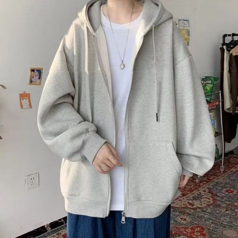 T285P28纯色拉链卫衣男连帽开衫潮牌宽松运动外套男春秋潮流上衣图片